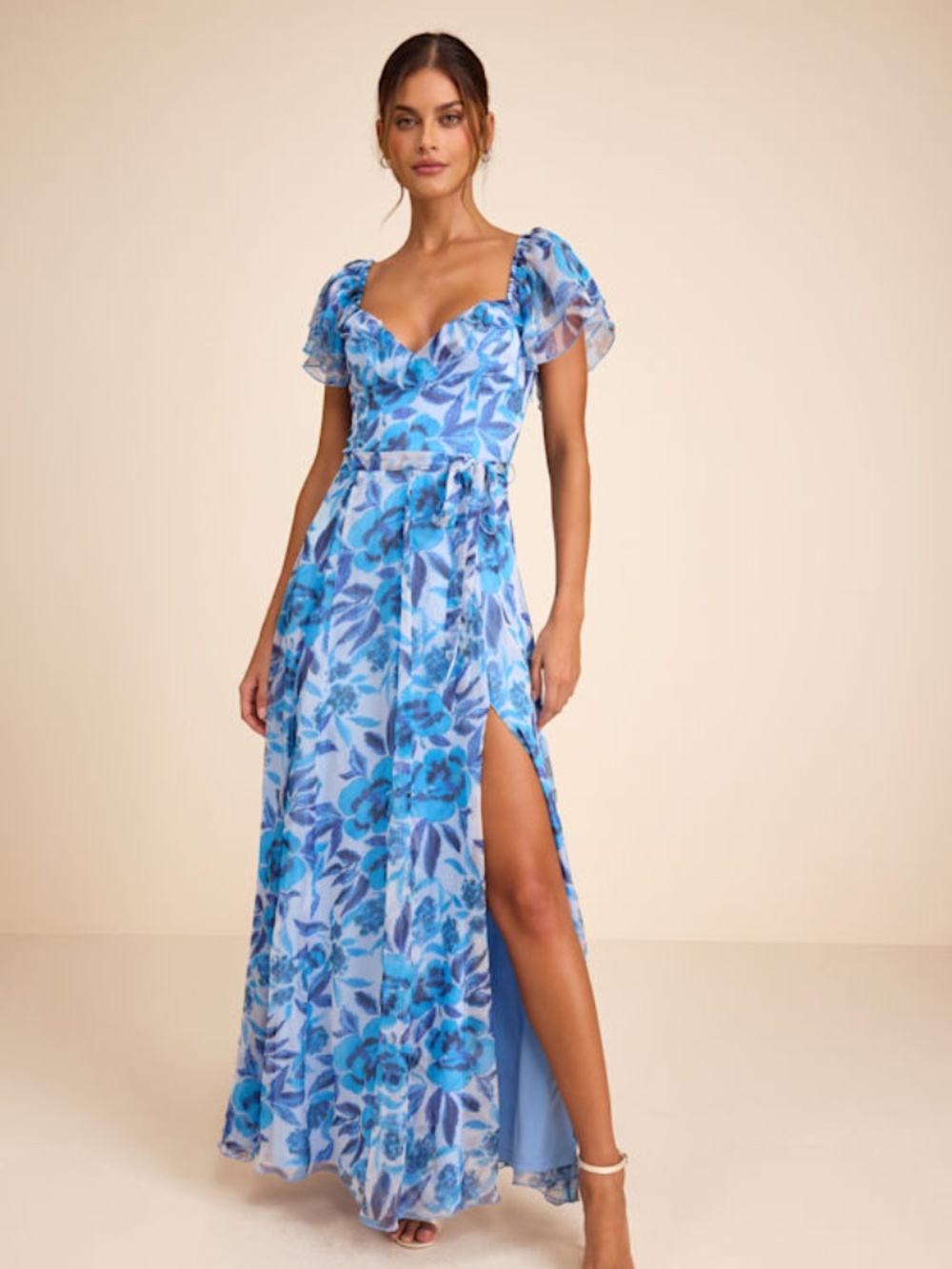 Lulus Sensationally Sweeter Blue Floral Ruffled Maxi Dress - Size L